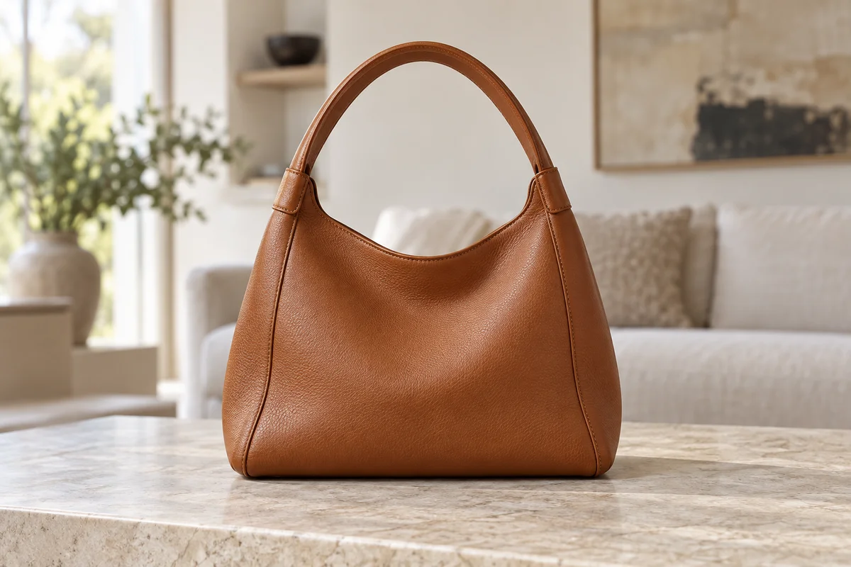 Eine braune Lederhandtasche auf einem Steintisch